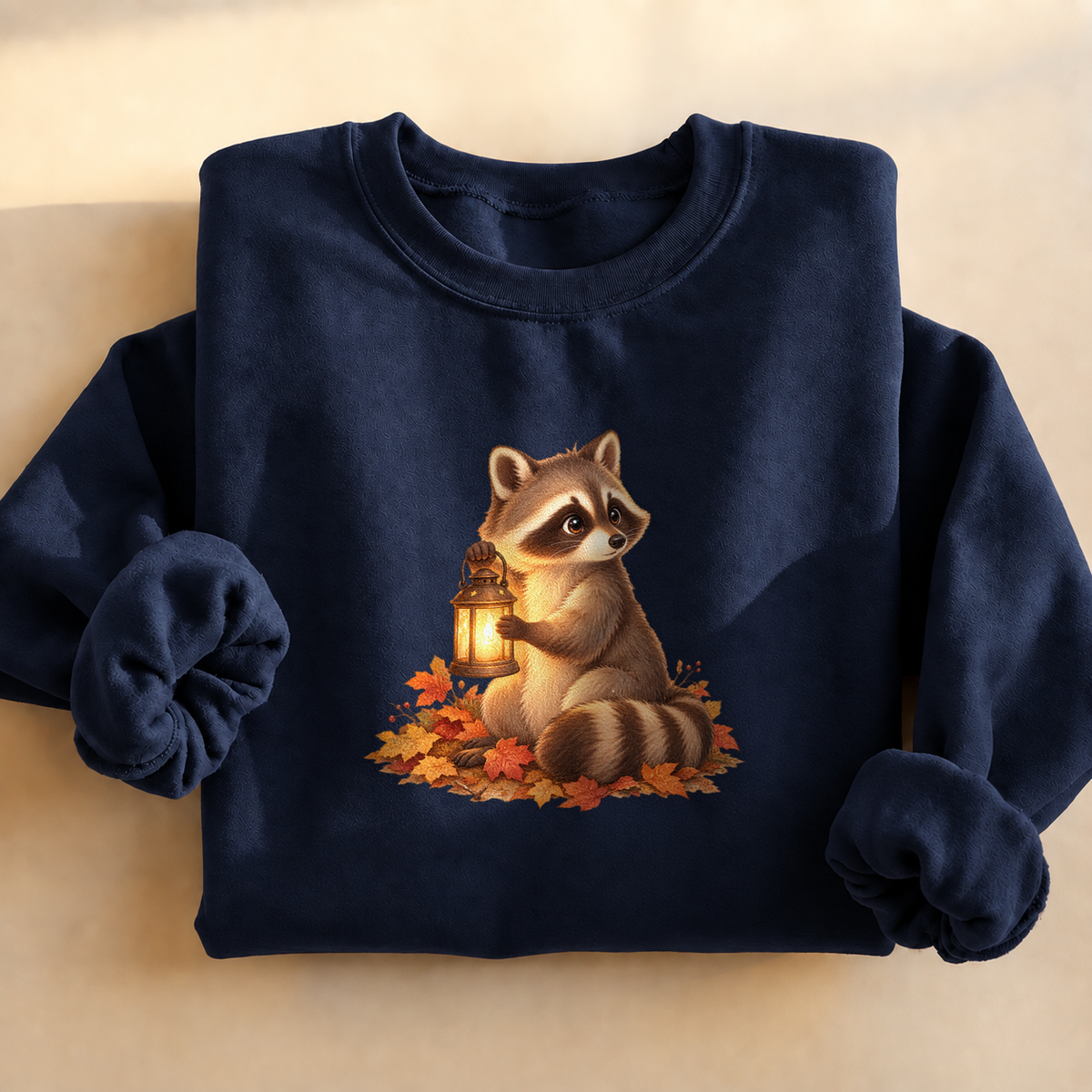 Lantern Raccoon Sweatshirt, alternate view, raccoon carrying a lantern at dusk