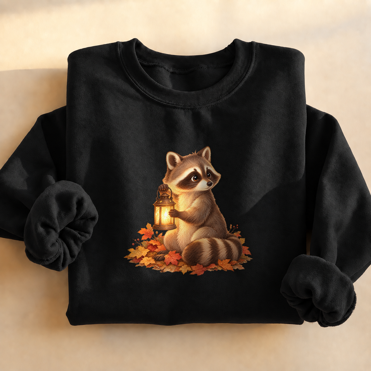 Lantern Raccoon Sweatshirt, alternate view, raccoon carrying a lantern at dusk