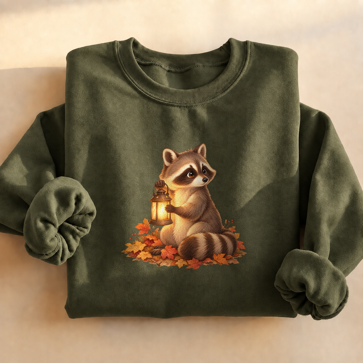 Lantern Raccoon Sweatshirt, alternate view, raccoon carrying a lantern at dusk