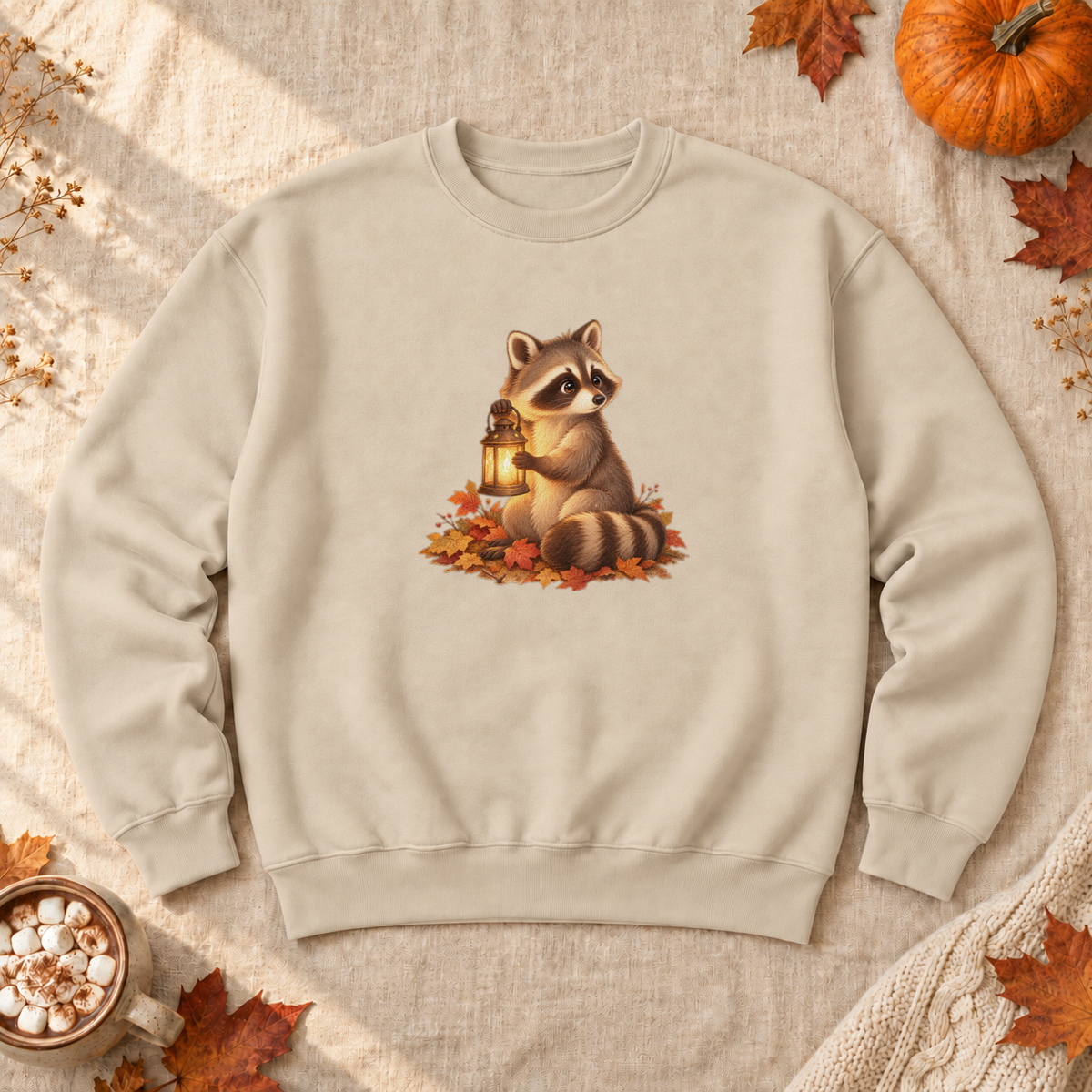Lantern Raccoon Sweatshirt, alternate view, raccoon carrying a lantern at dusk