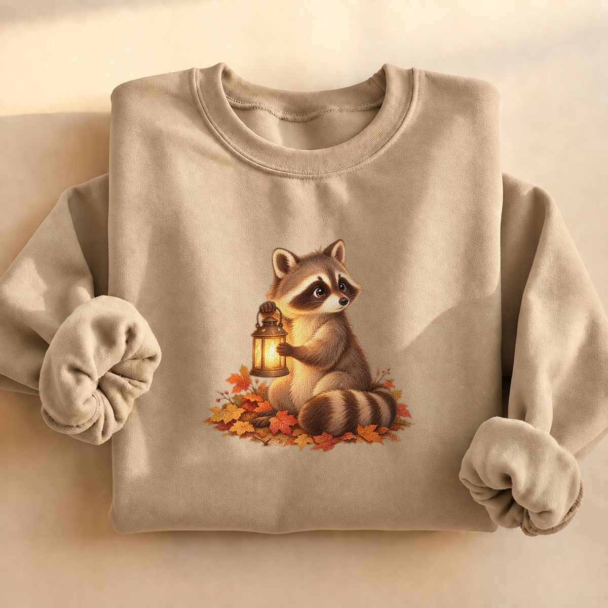 Lantern Raccoon Sweatshirt, alternate view, raccoon carrying a lantern at dusk