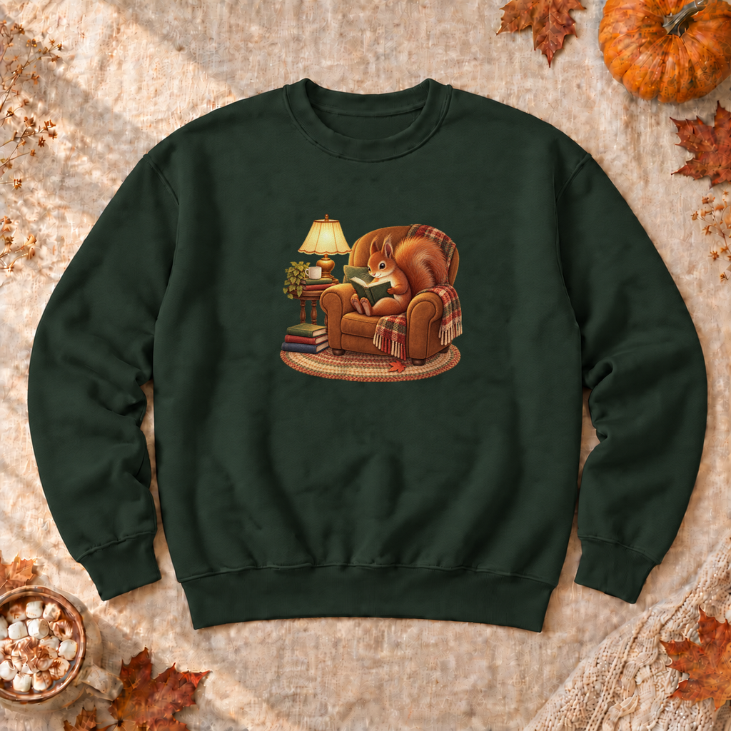 Chill Time Squirrel Sweatshirt, alternate view, squirrel reading in an armchair