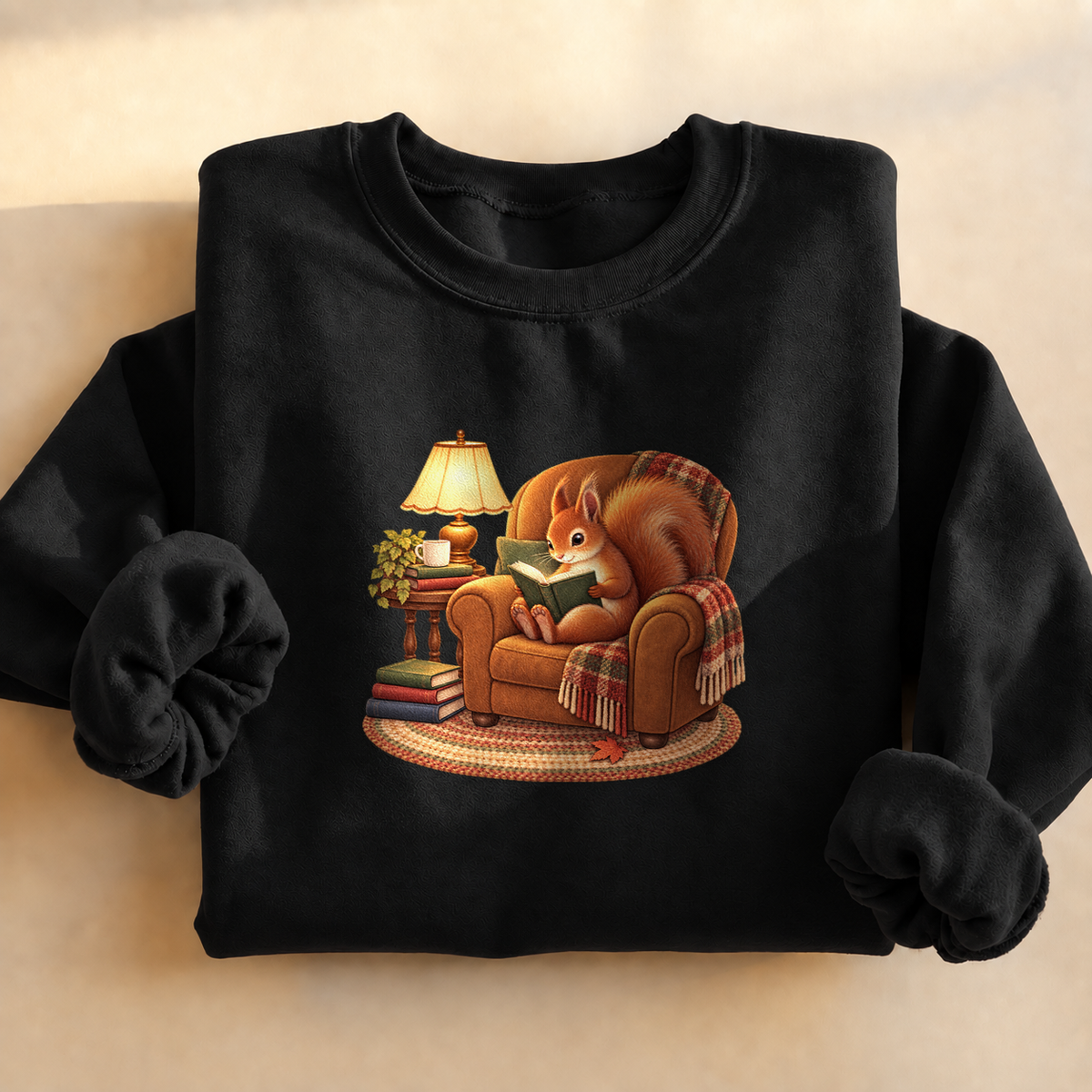 Chill Time Squirrel Sweatshirt, alternate view, squirrel reading in an armchair