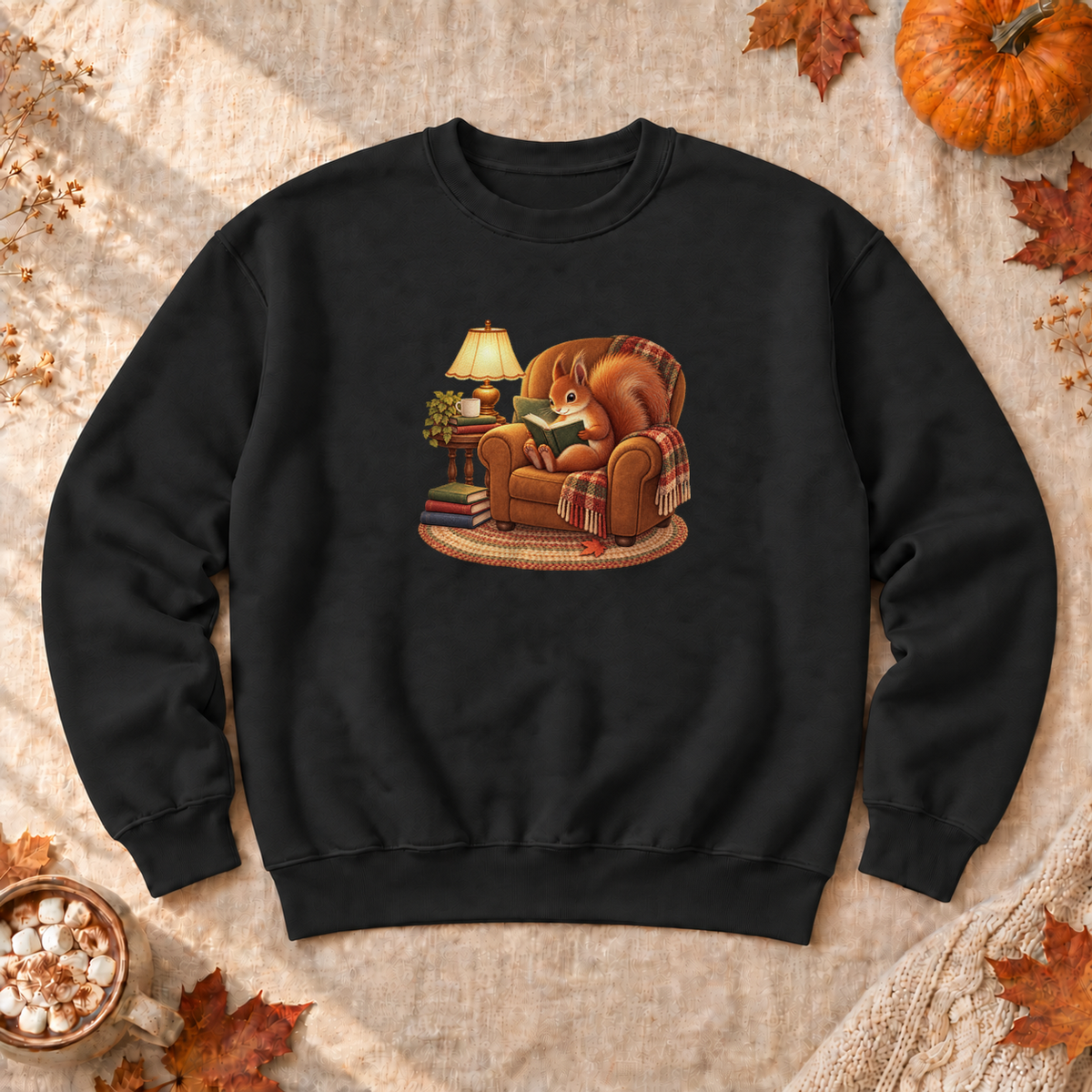 Chill Time Squirrel Sweatshirt, alternate view, squirrel reading in an armchair