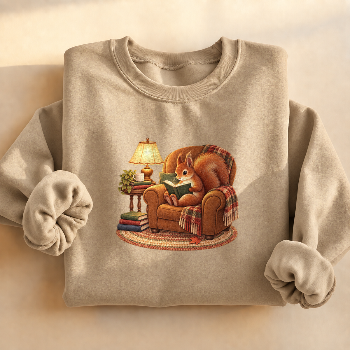 Chill Time Squirrel Sweatshirt, alternate view, squirrel reading in an armchair