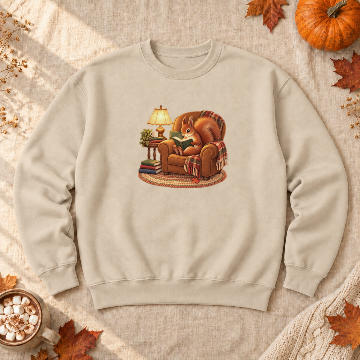 Chill Time Squirrel Sweatshirt, alternate view, squirrel reading in an armchair