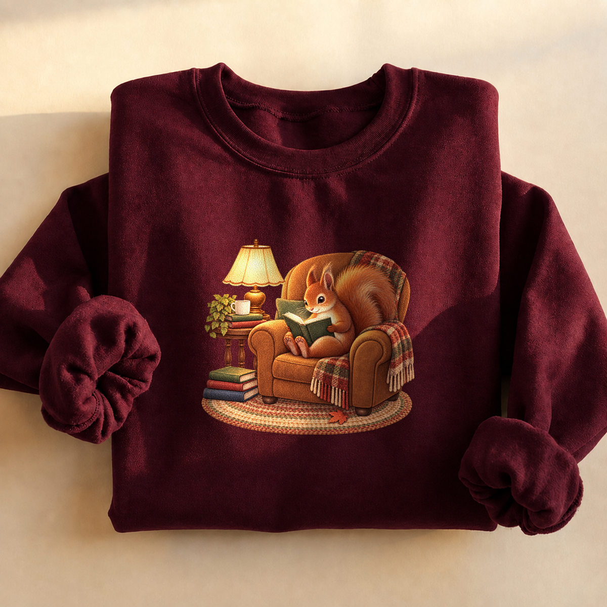 Chill Time Squirrel Sweatshirt, alternate view, squirrel reading in an armchair
