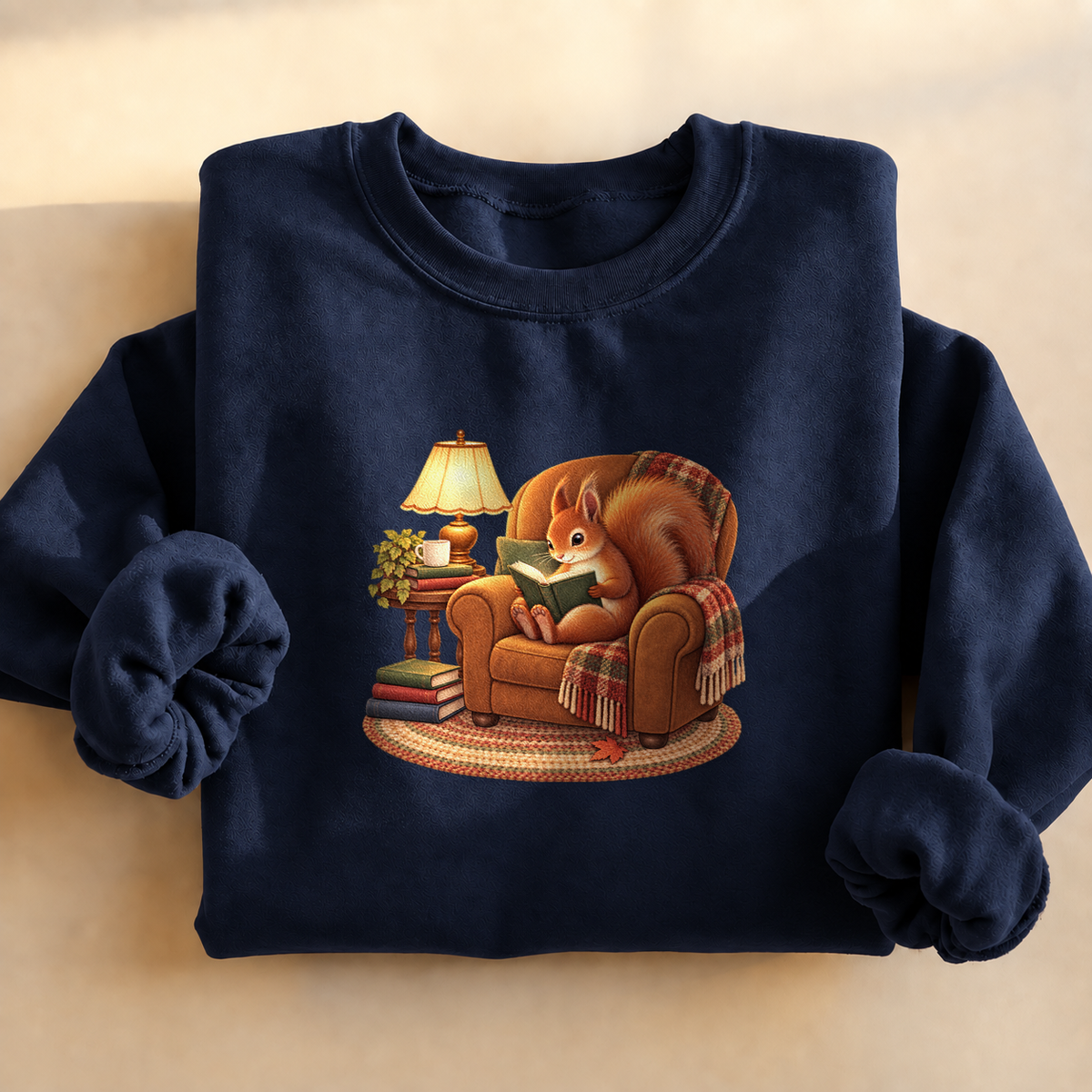 Chill Time Squirrel Sweatshirt, alternate view, squirrel reading in an armchair