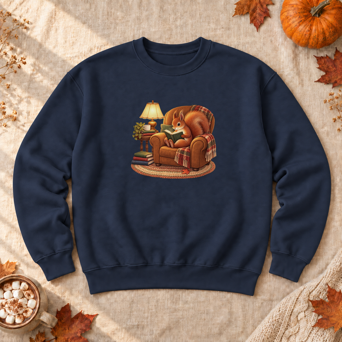 Chill Time Squirrel Sweatshirt, alternate view, squirrel reading in an armchair