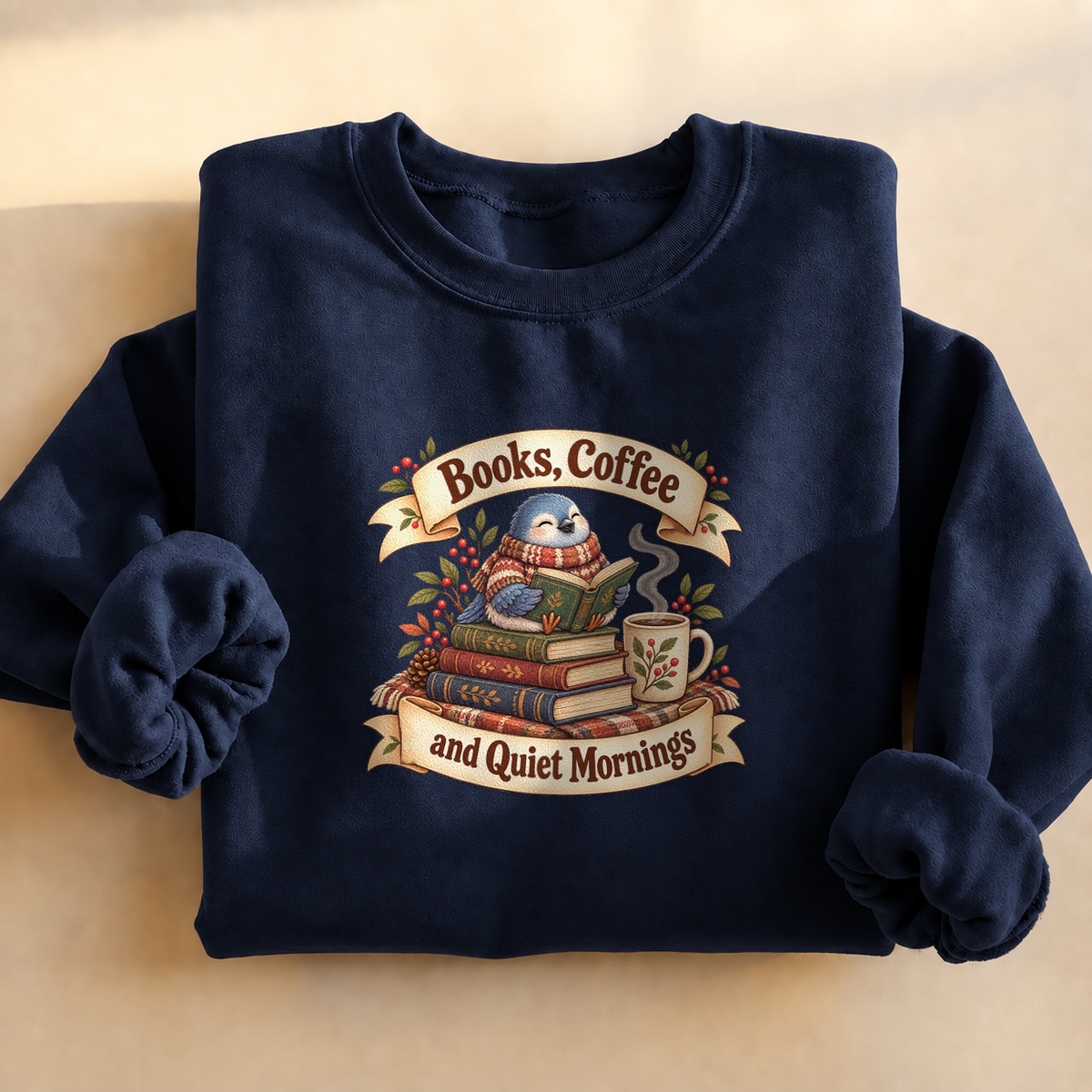 Books Coffee Quiet Mornings Sweatshirt, pigeon reading with coffee on a window ledge, for book lovers and coffee drinkers