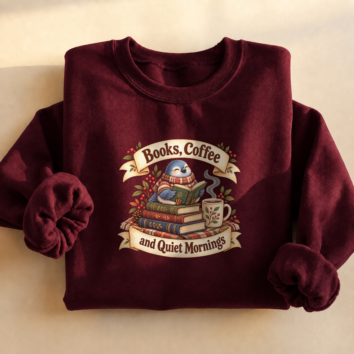 Books Coffee Quiet Mornings Sweatshirt, alternate view, pigeon reading with coffee on a window ledge