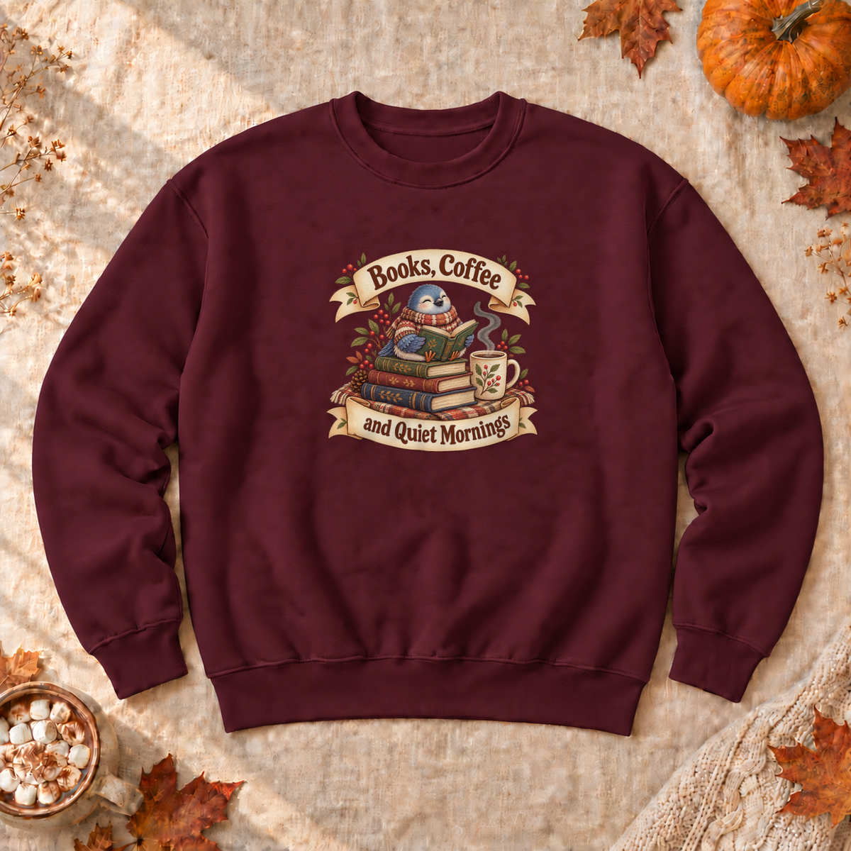 Books Coffee Quiet Mornings Sweatshirt, alternate view, pigeon reading with coffee on a window ledge