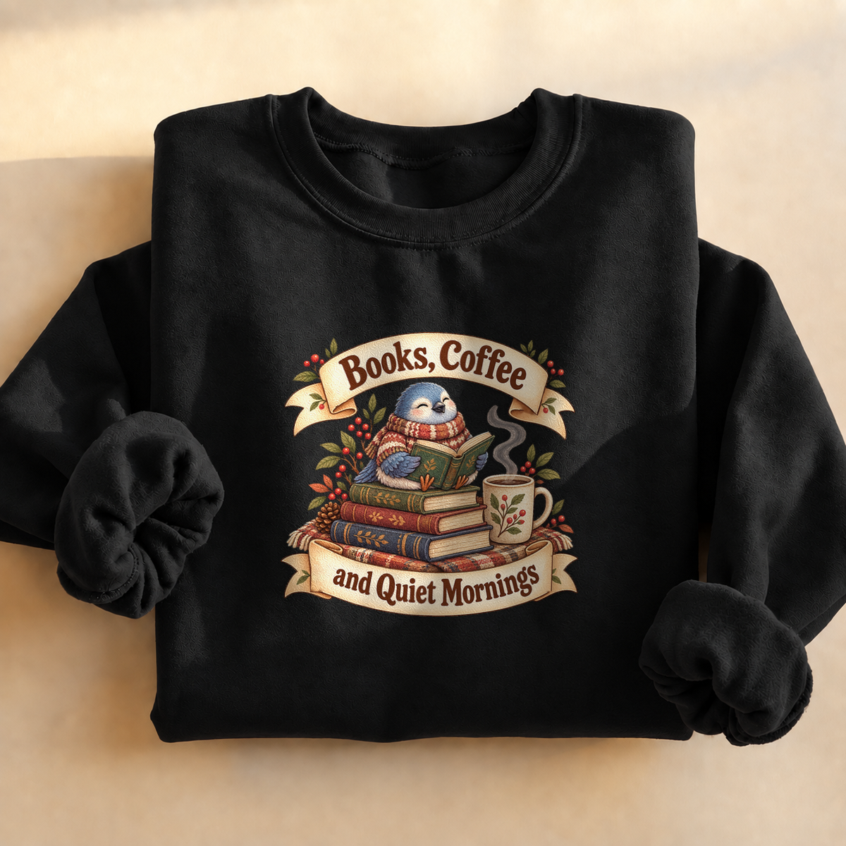 Books Coffee Quiet Mornings Sweatshirt, alternate view, pigeon reading with coffee on a window ledge