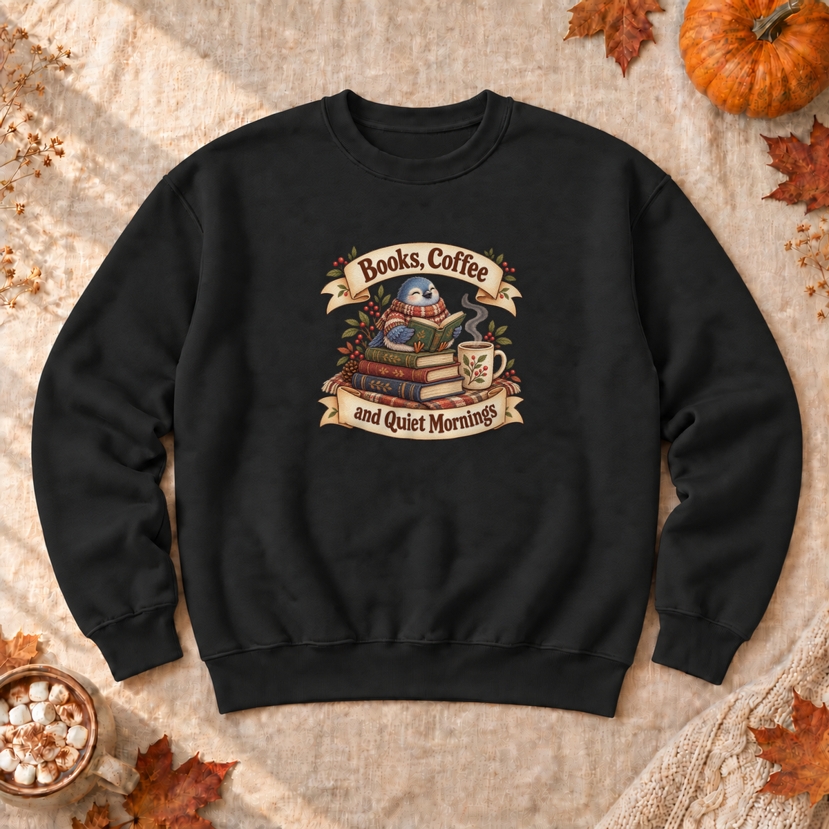 Books Coffee Quiet Mornings Sweatshirt, alternate view, pigeon reading with coffee on a window ledge