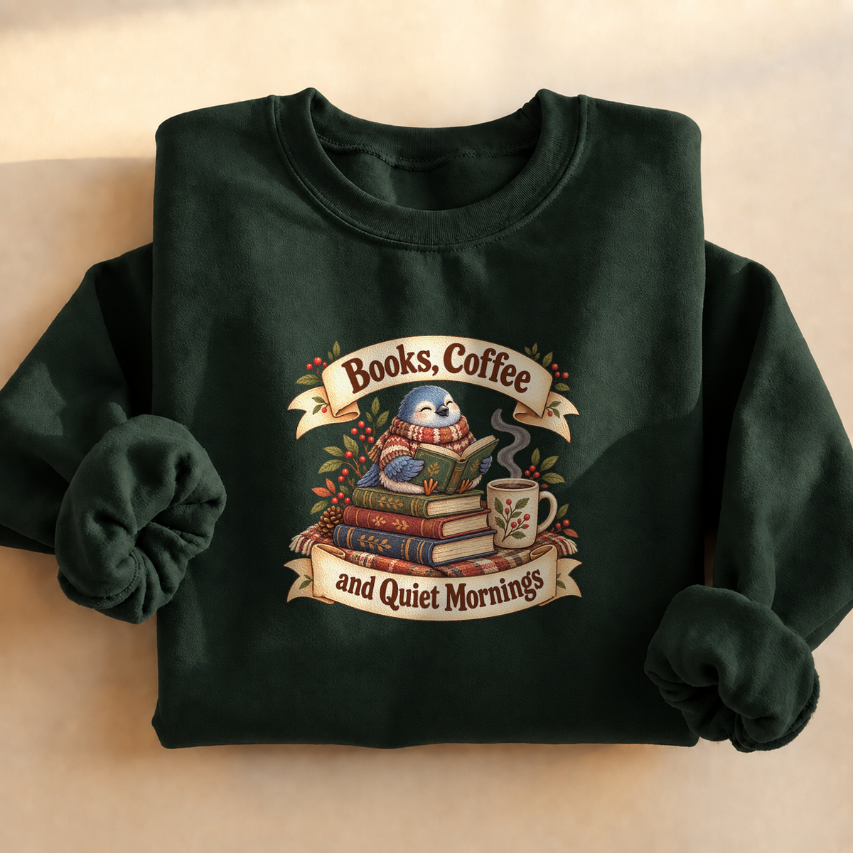 Books Coffee Quiet Mornings Sweatshirt, alternate view, pigeon reading with coffee on a window ledge