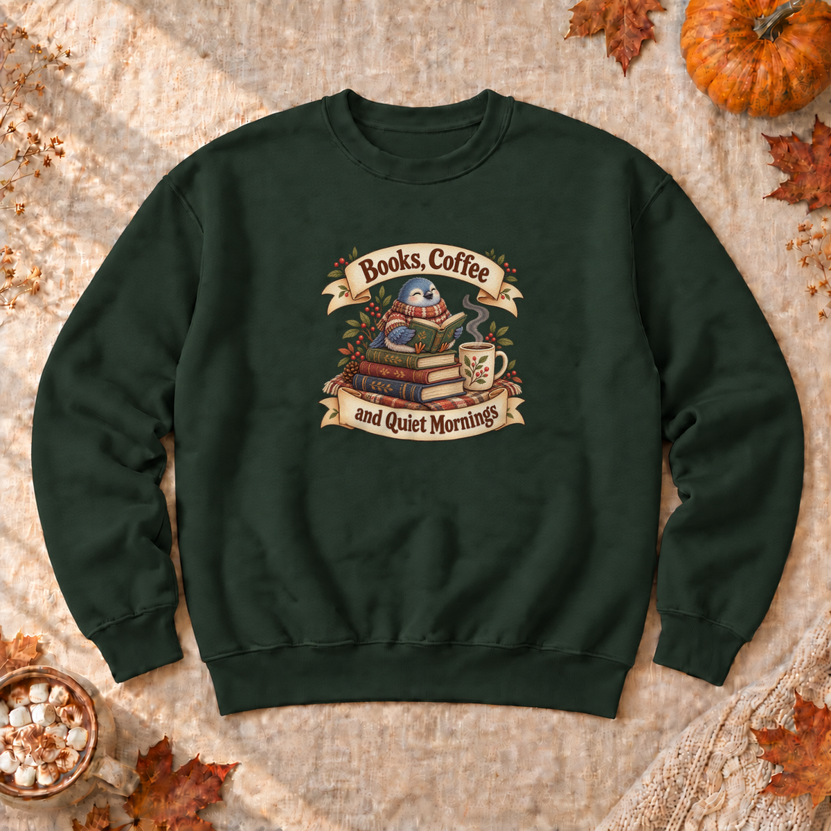 Books Coffee Quiet Mornings Sweatshirt, alternate view, pigeon reading with coffee on a window ledge