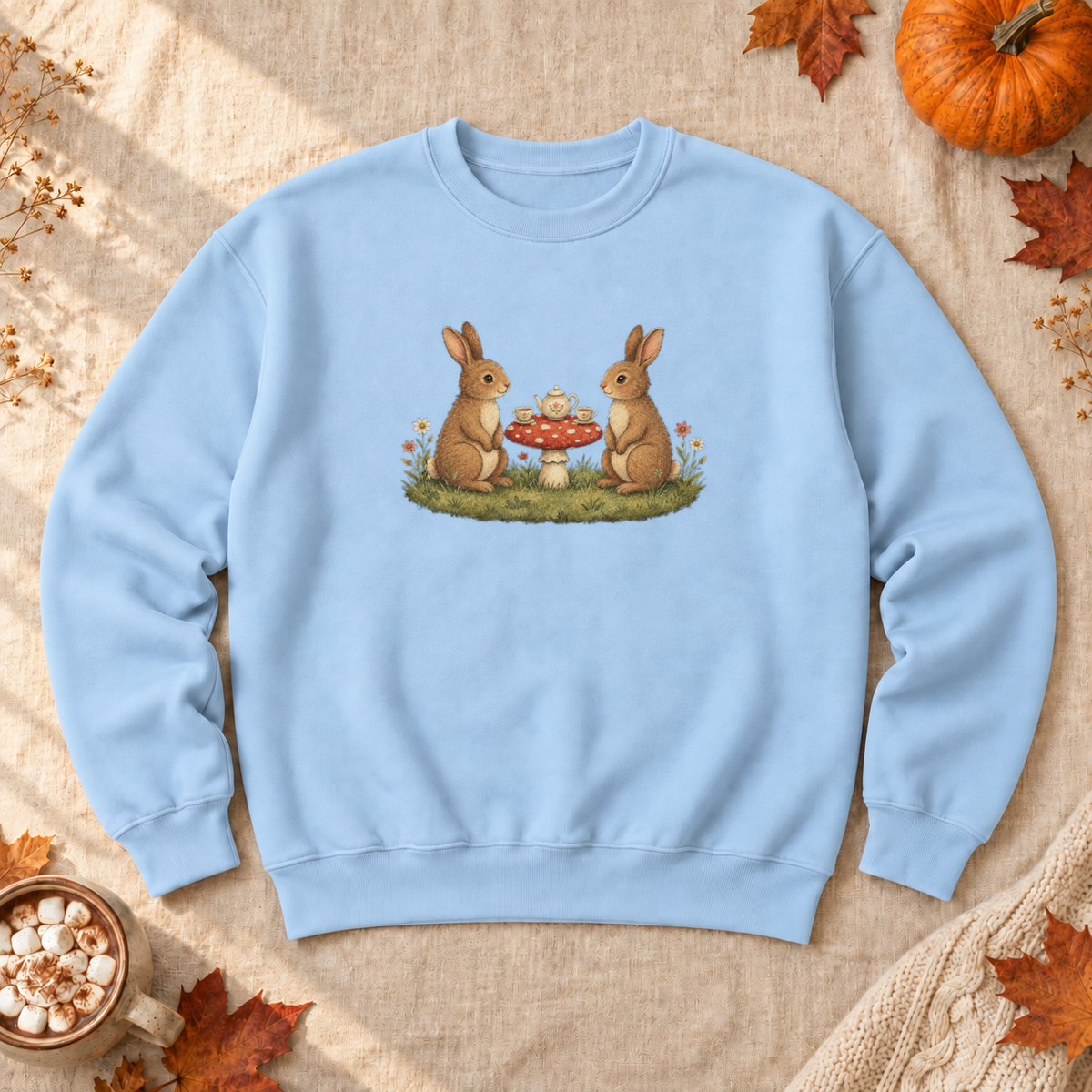 Bunny Teatime Cottagecore Sweatshirt, alternate view, bunnies having tea on a toadstool