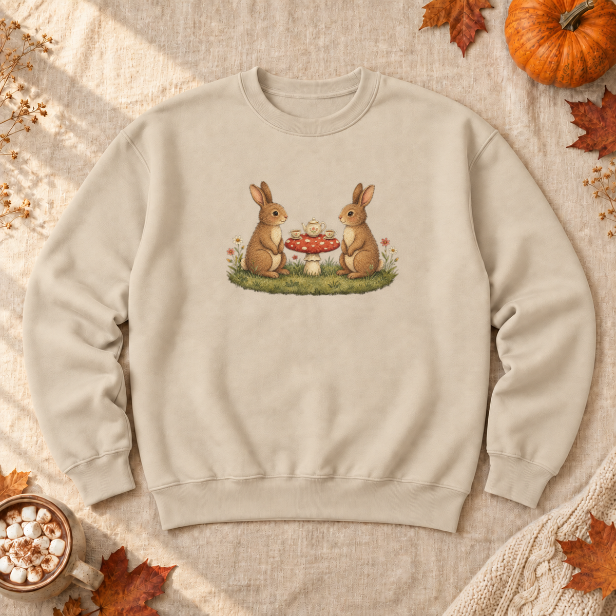 Bunny Teatime Cottagecore Sweatshirt, alternate view, bunnies having tea on a toadstool