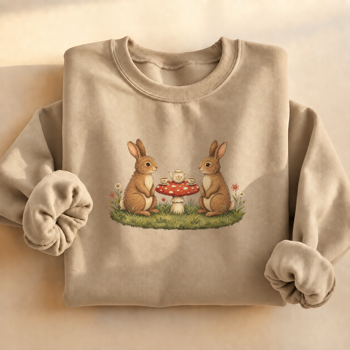 Bunny Teatime Cottagecore Sweatshirt, alternate view, bunnies having tea on a toadstool