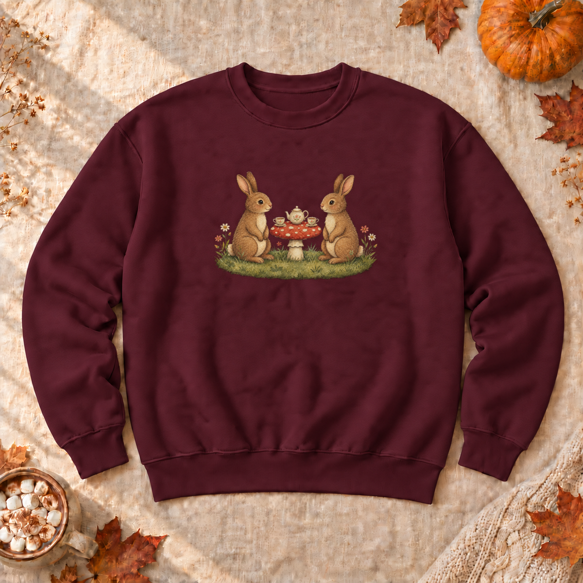 Bunny Teatime Cottagecore Sweatshirt, alternate view, bunnies having tea on a toadstool