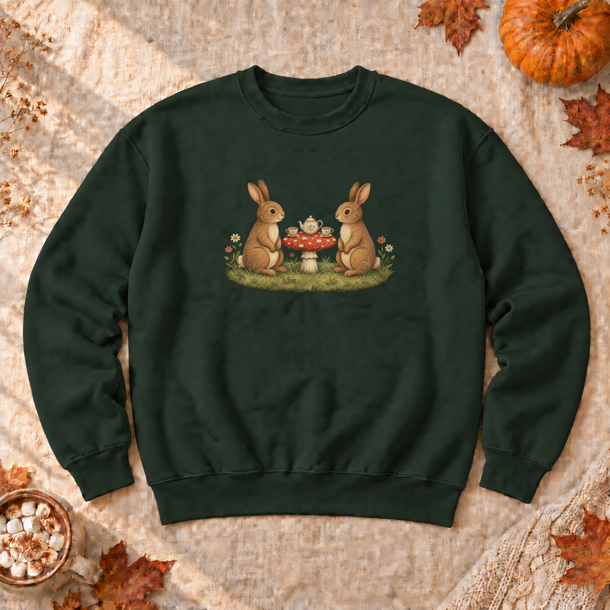 Bunny Teatime Cottagecore Sweatshirt, alternate view, bunnies having tea on a toadstool