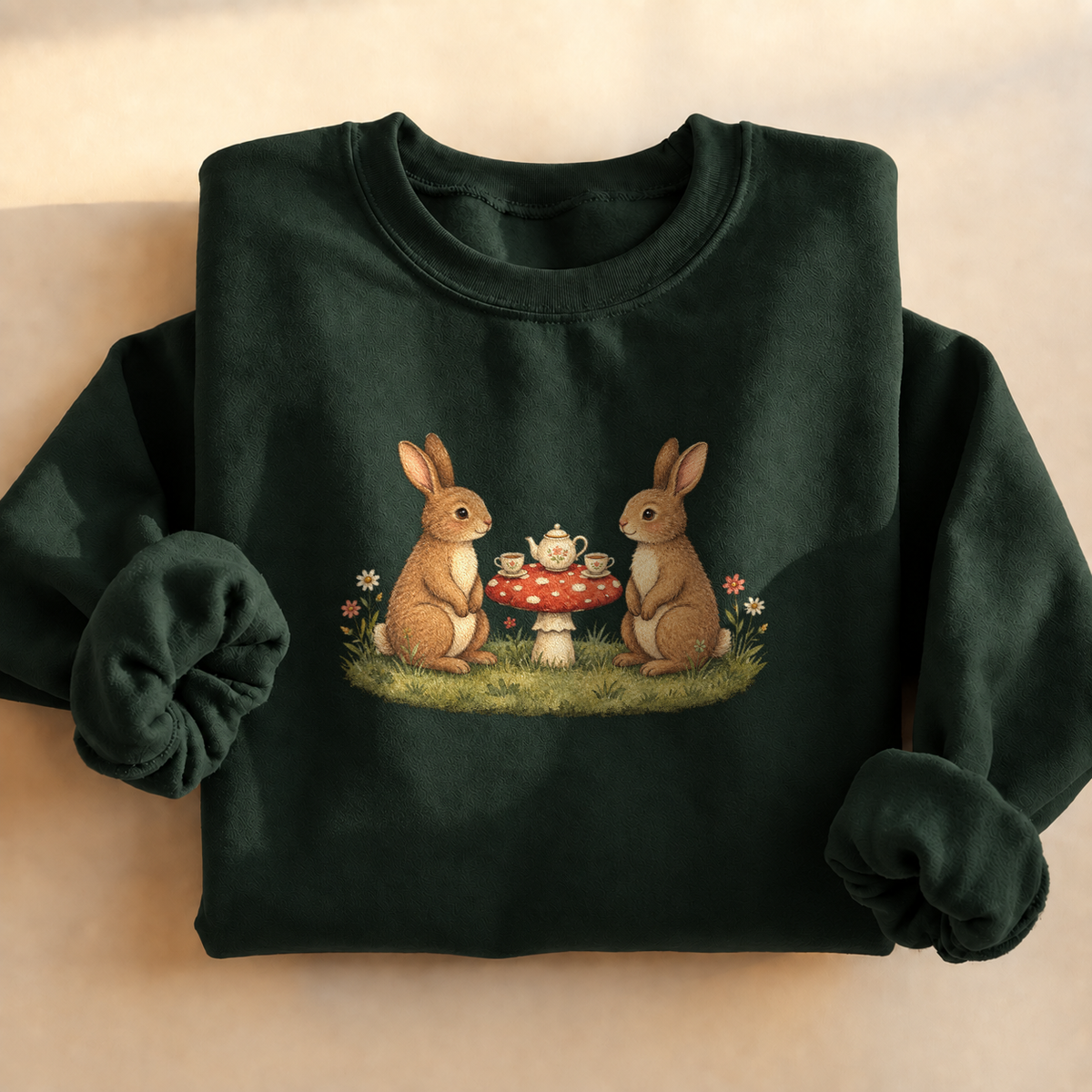 Bunny Teatime Cottagecore Sweatshirt, alternate view, bunnies having tea on a toadstool