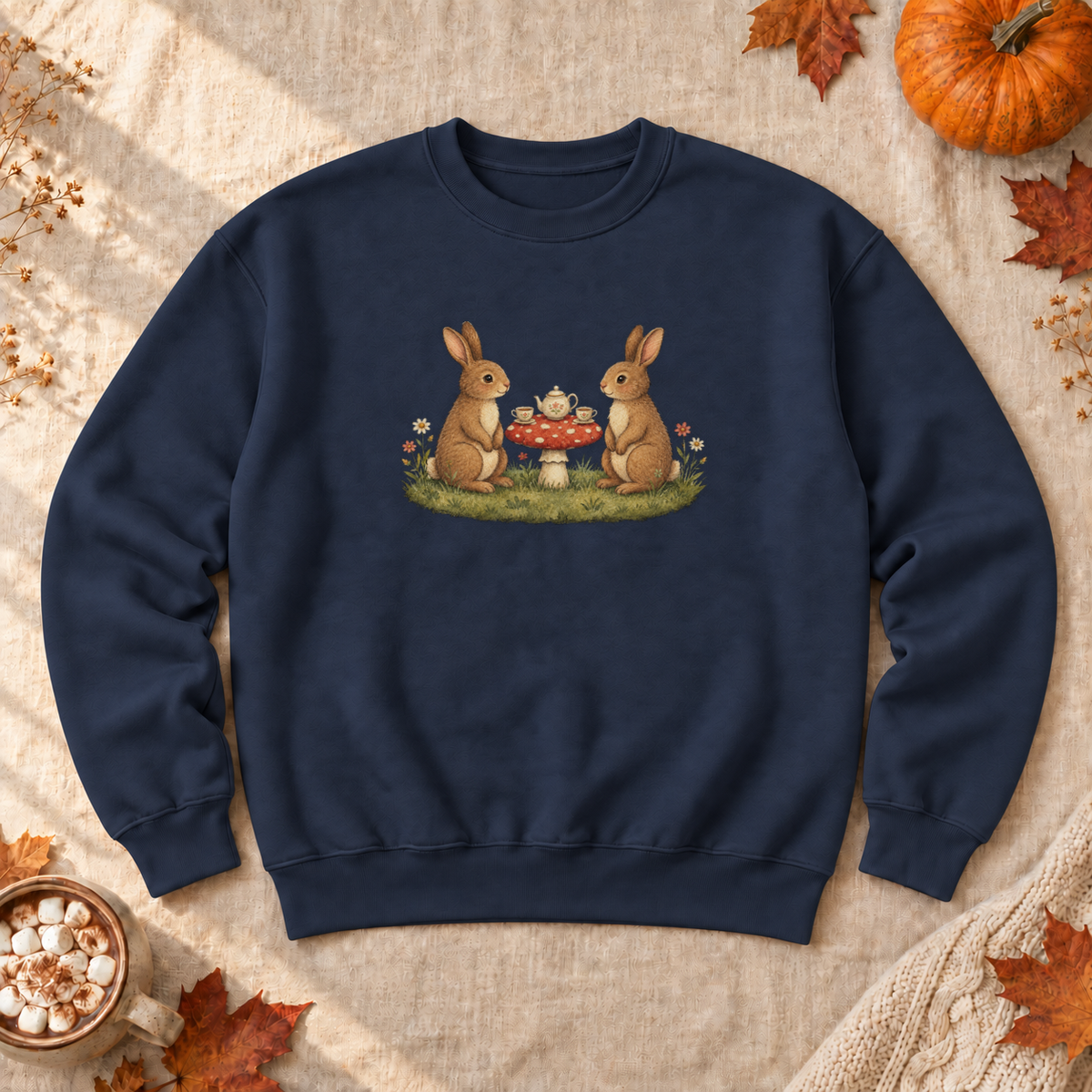 Bunny Teatime Cottagecore Sweatshirt, alternate view, bunnies having tea on a toadstool