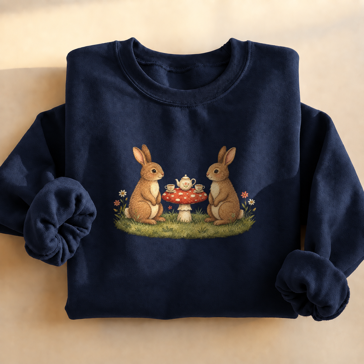 Bunny Teatime Cottagecore Sweatshirt, alternate view, bunnies having tea on a toadstool