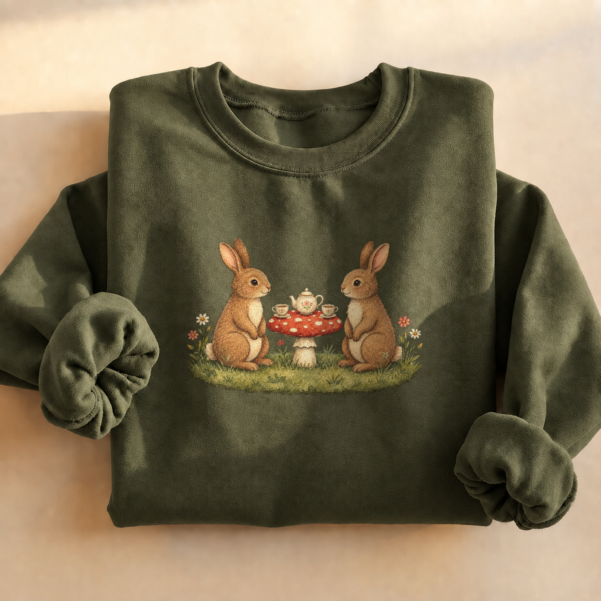 Bunny Teatime Cottagecore Sweatshirt, alternate view, bunnies having tea on a toadstool