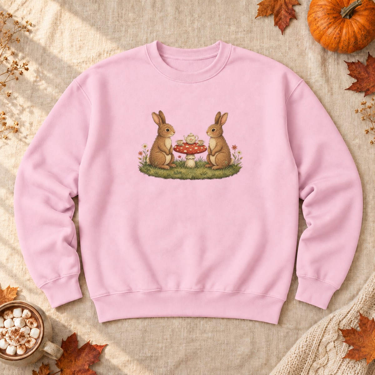 Bunny Teatime Cottagecore Sweatshirt, alternate view, bunnies having tea on a toadstool