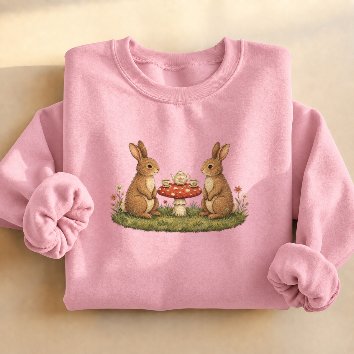 Bunny Teatime Cottagecore Sweatshirt, alternate view, bunnies having tea on a toadstool