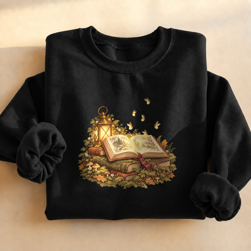 Firefly Book Magic Sweatshirt, firefly glowing over an open book, for book lovers