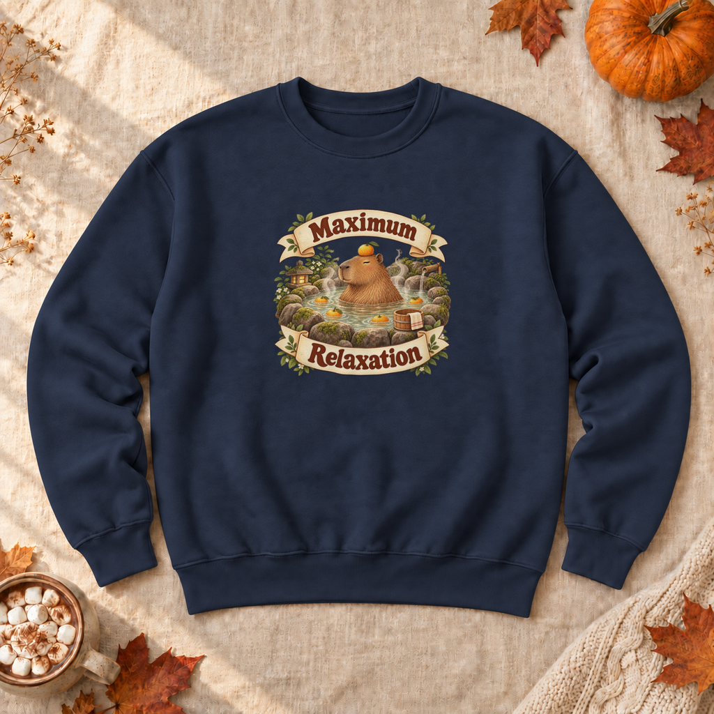 Maximum Relaxation Capybara Sweatshirt, alternate view, capybara relaxing in a hot spring