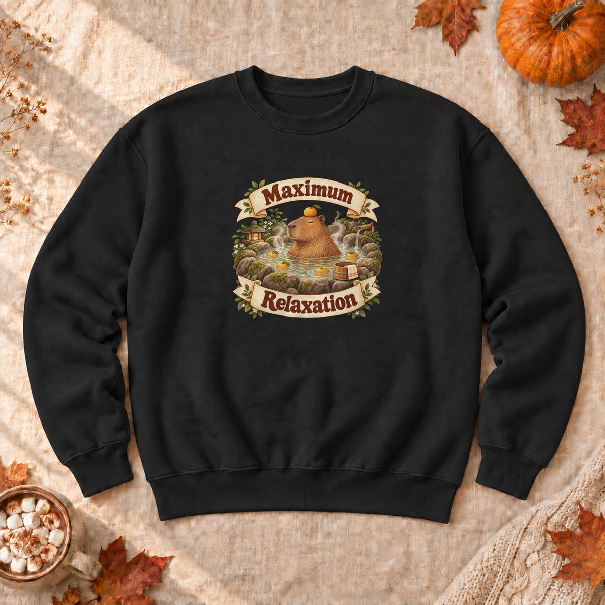 Maximum Relaxation Capybara Sweatshirt, alternate view, capybara relaxing in a hot spring