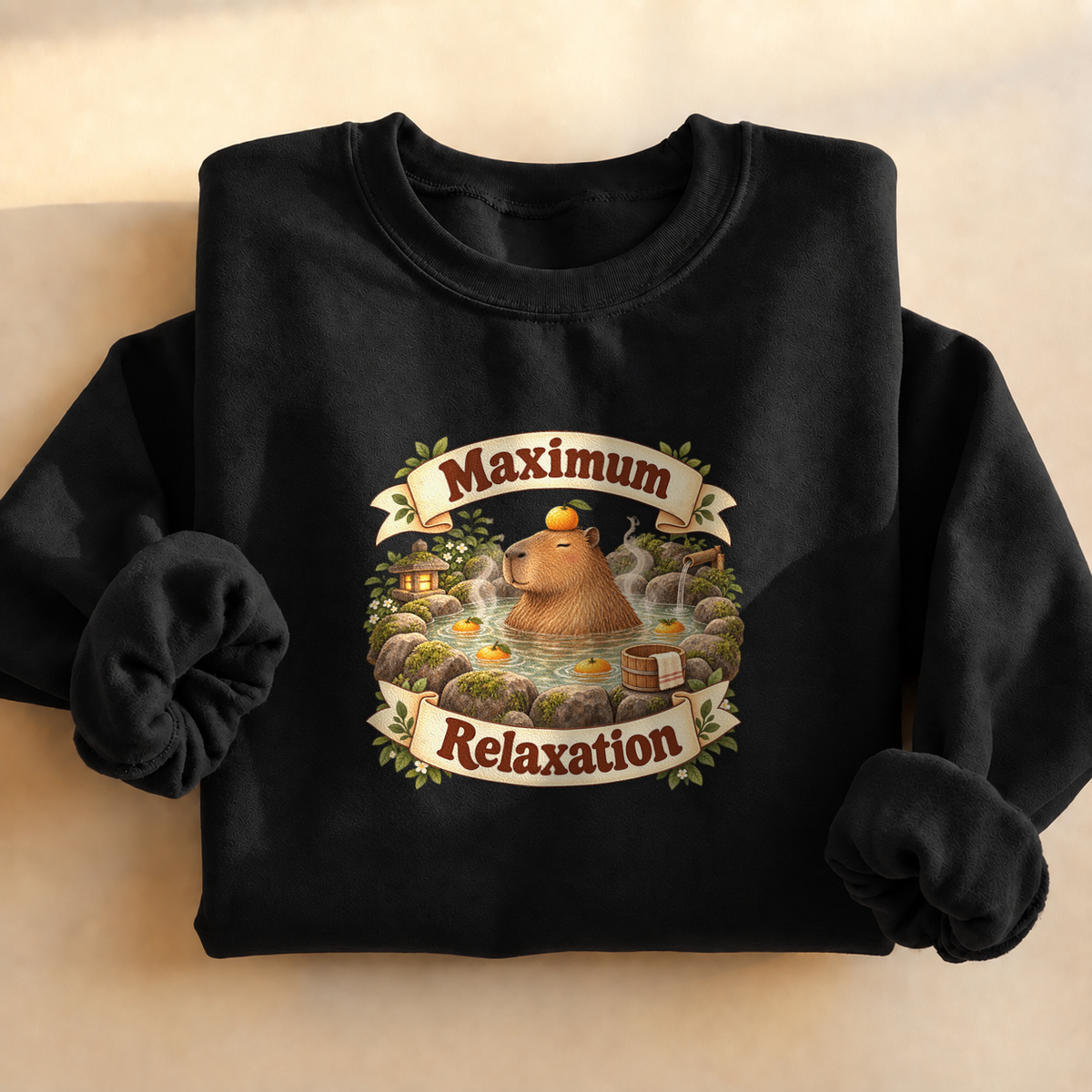 Maximum Relaxation Capybara Sweatshirt, alternate view, capybara relaxing in a hot spring