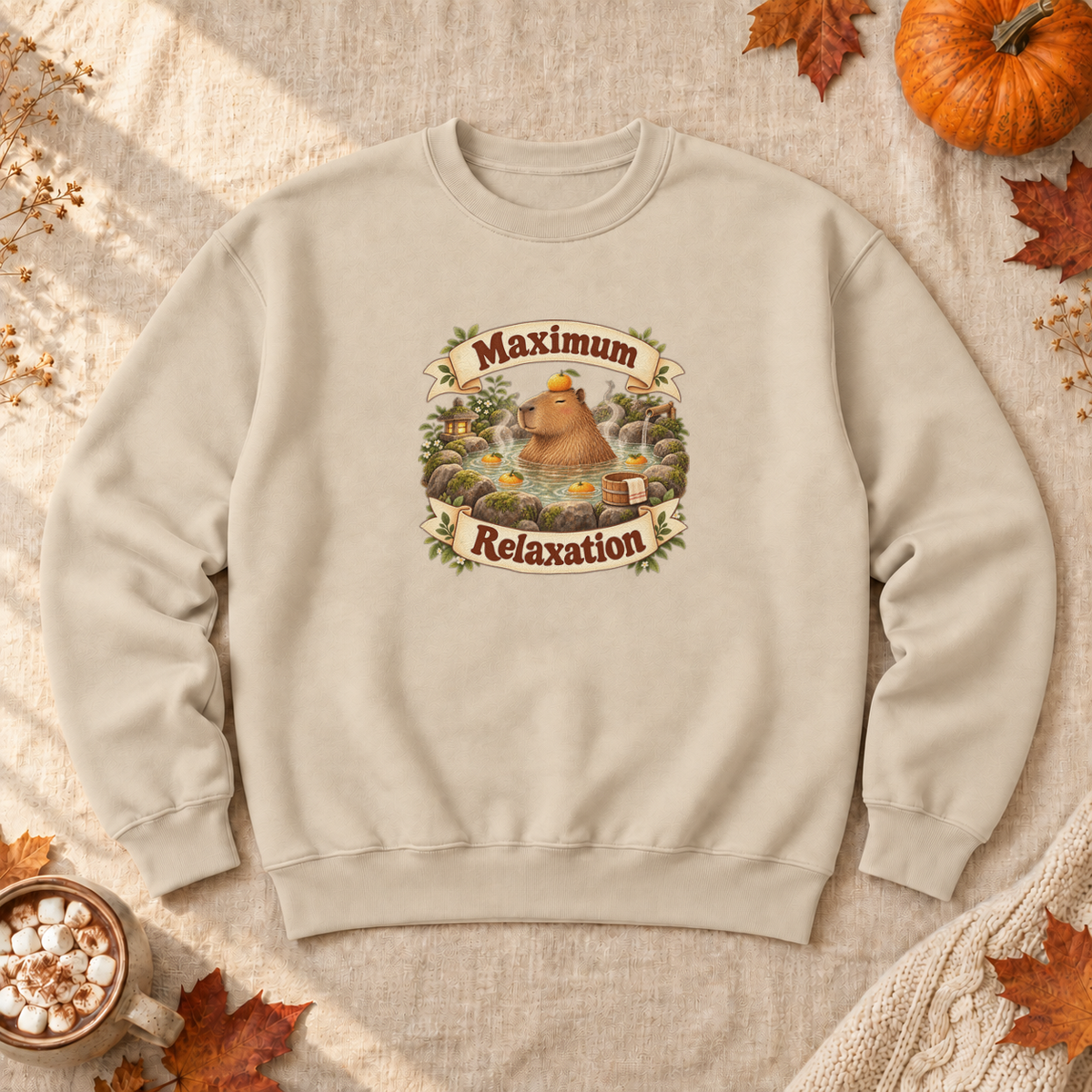 Maximum Relaxation Capybara Sweatshirt, alternate view, capybara relaxing in a hot spring