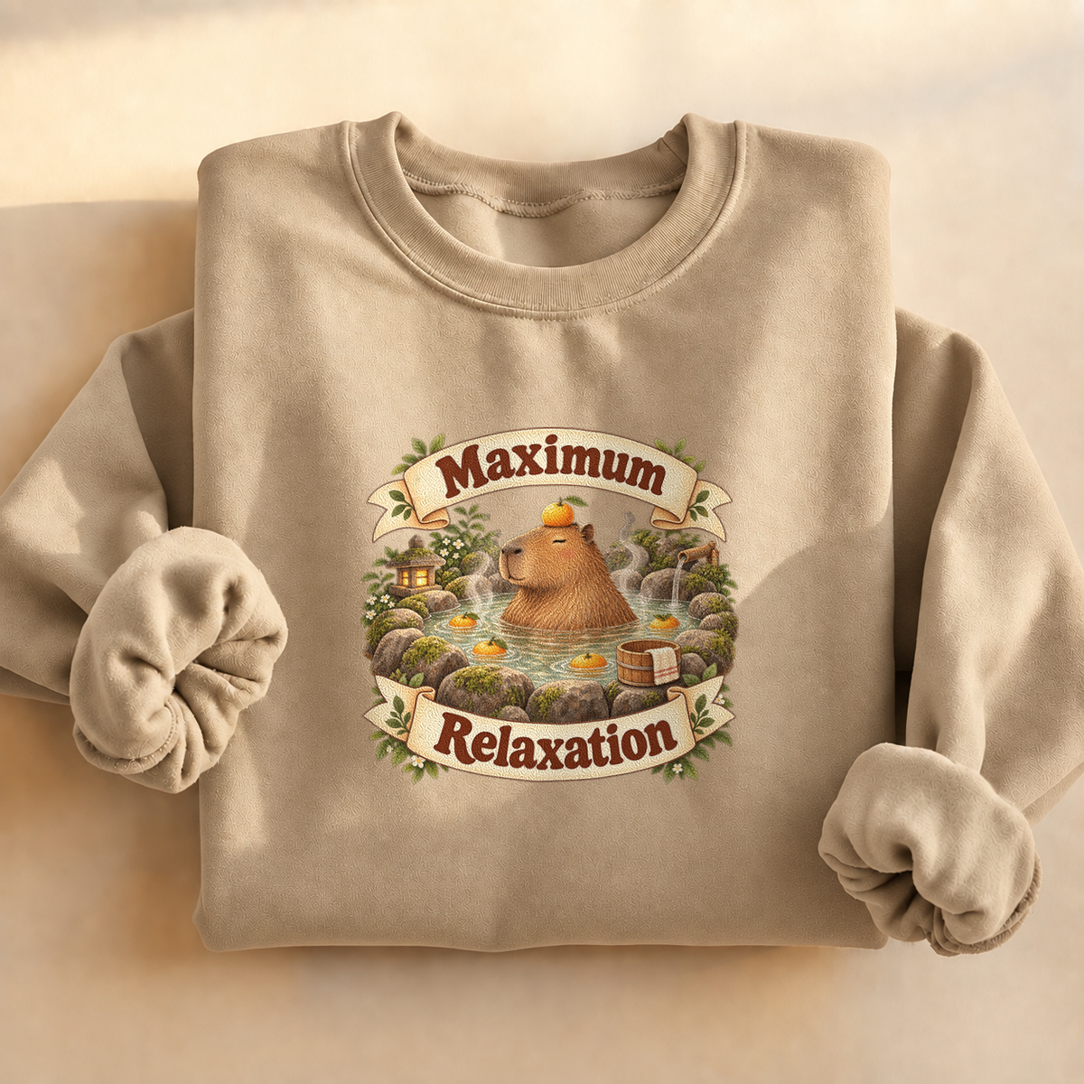 Maximum Relaxation Capybara Sweatshirt, alternate view, capybara relaxing in a hot spring