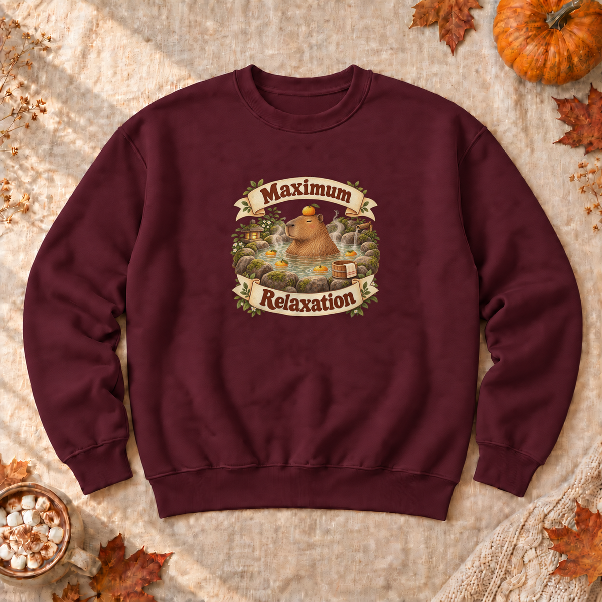 Maximum Relaxation Capybara Sweatshirt, alternate view, capybara relaxing in a hot spring