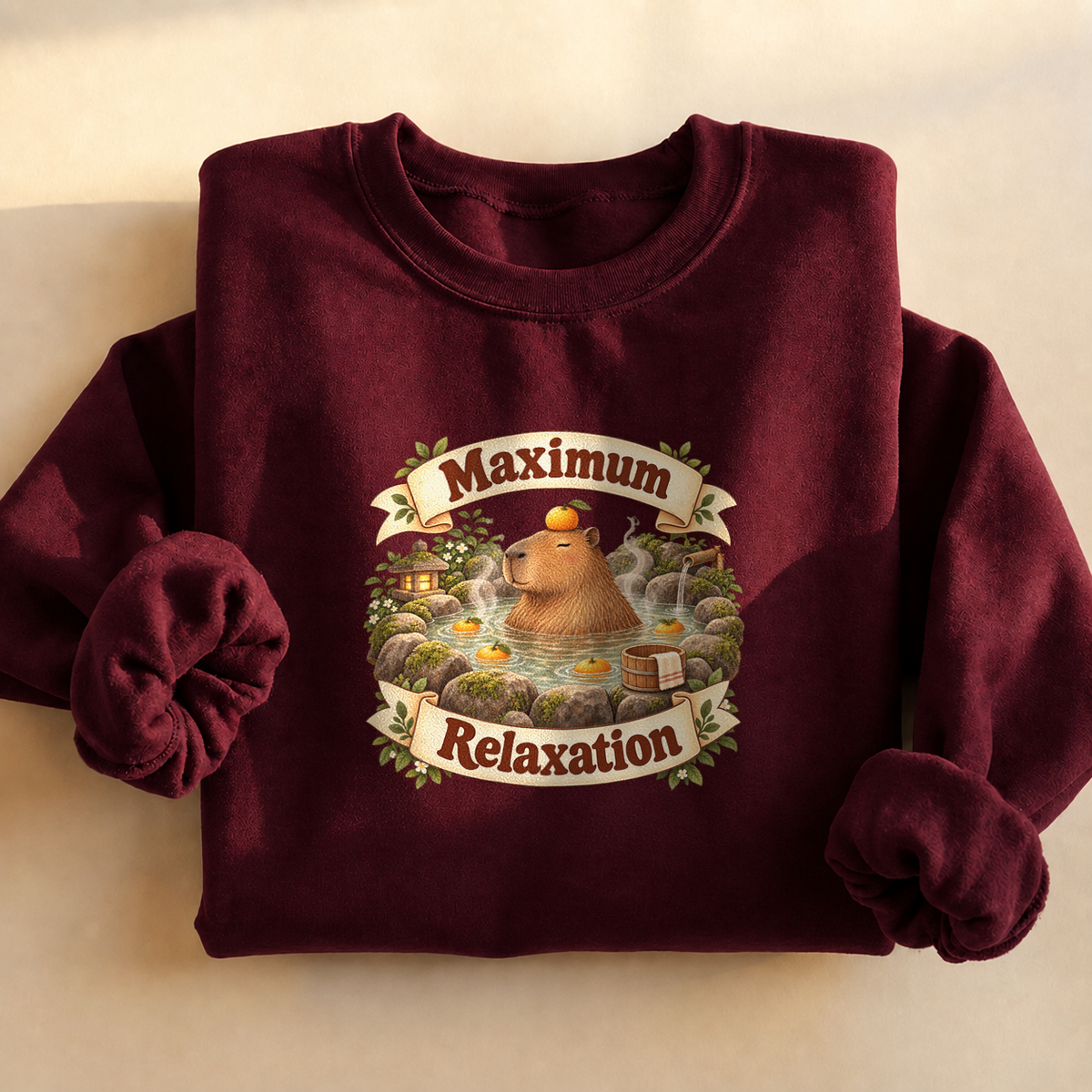 Maximum Relaxation Capybara Sweatshirt, alternate view, capybara relaxing in a hot spring