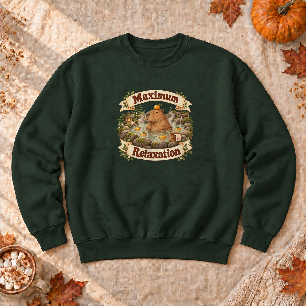 Maximum Relaxation Capybara Sweatshirt, alternate view, capybara relaxing in a hot spring