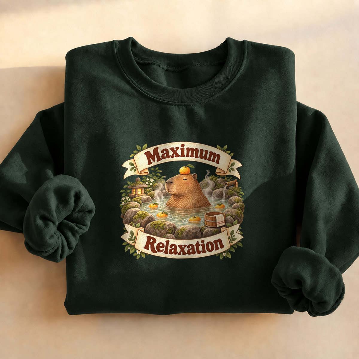 Maximum Relaxation Capybara Sweatshirt, alternate view, capybara relaxing in a hot spring