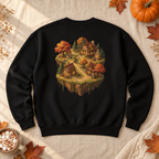 Customizable Traveling Mage Village Sweatshirt, cat mage traveling toward a floating village, for fantasy fans and cat lovers