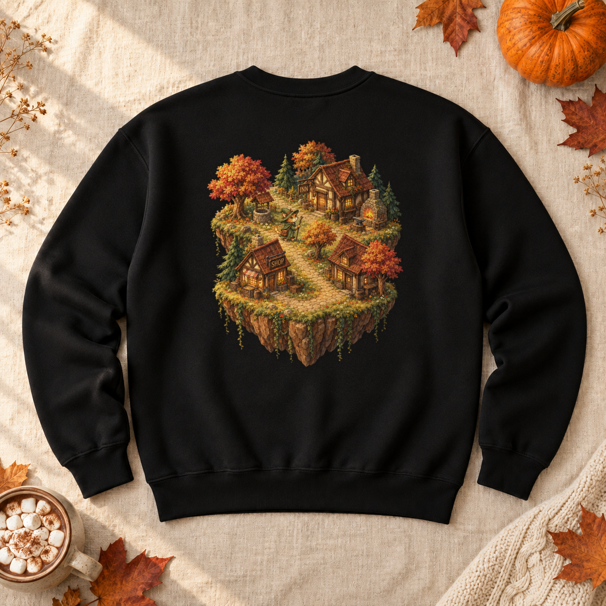 Customizable Traveling Mage Village Sweatshirt, cat mage traveling toward a floating village, for fantasy fans and cat lovers