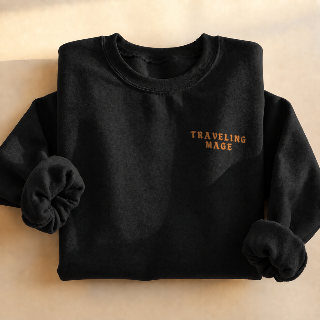 Customizable Traveling Mage Village Sweatshirt, alternate view, cat mage traveling toward a floating village