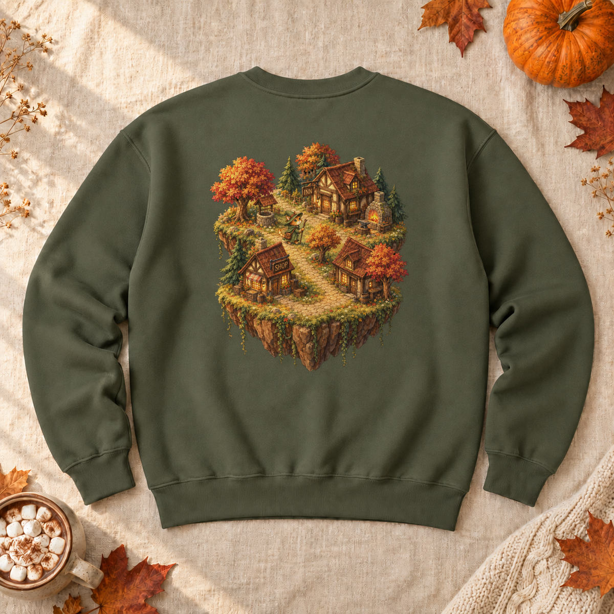 Customizable Traveling Mage Village Sweatshirt, alternate view, cat mage traveling toward a floating village