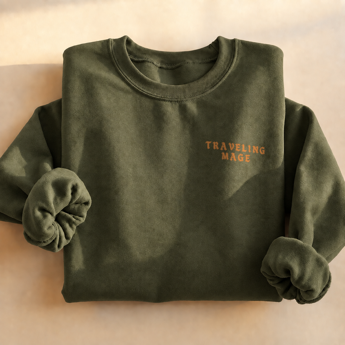 Customizable Traveling Mage Village Sweatshirt, alternate view, cat mage traveling toward a floating village