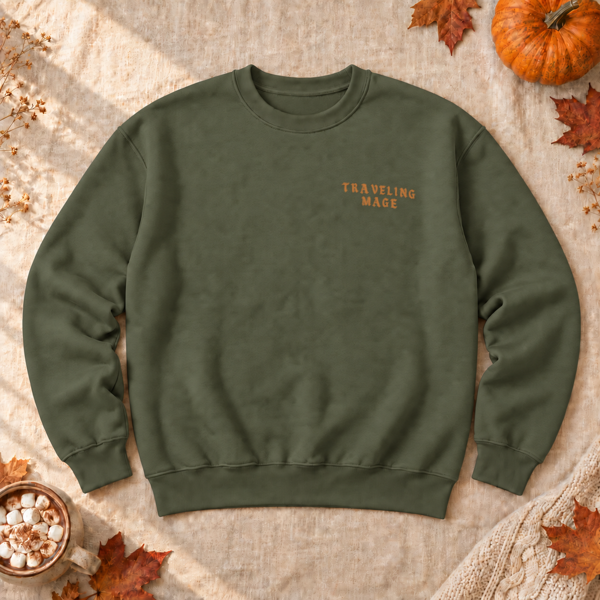 Customizable Traveling Mage Village Sweatshirt, alternate view, cat mage traveling toward a floating village