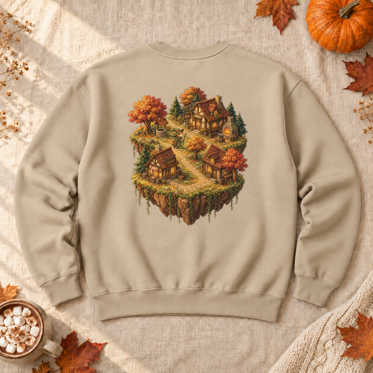 Customizable Traveling Mage Village Sweatshirt, alternate view, cat mage traveling toward a floating village
