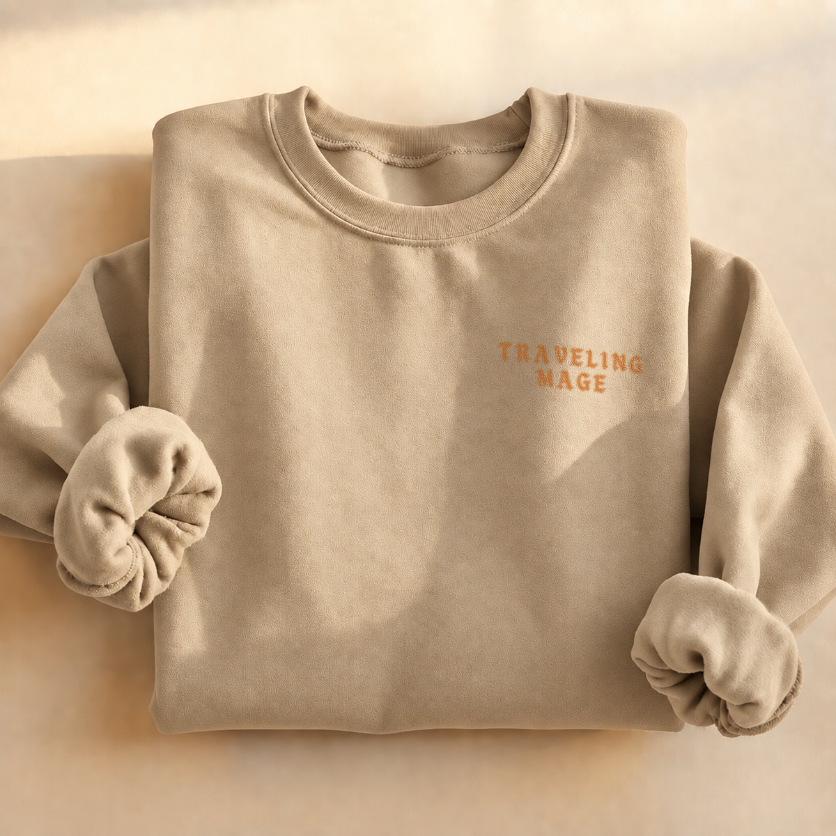 Customizable Traveling Mage Village Sweatshirt, alternate view, cat mage traveling toward a floating village