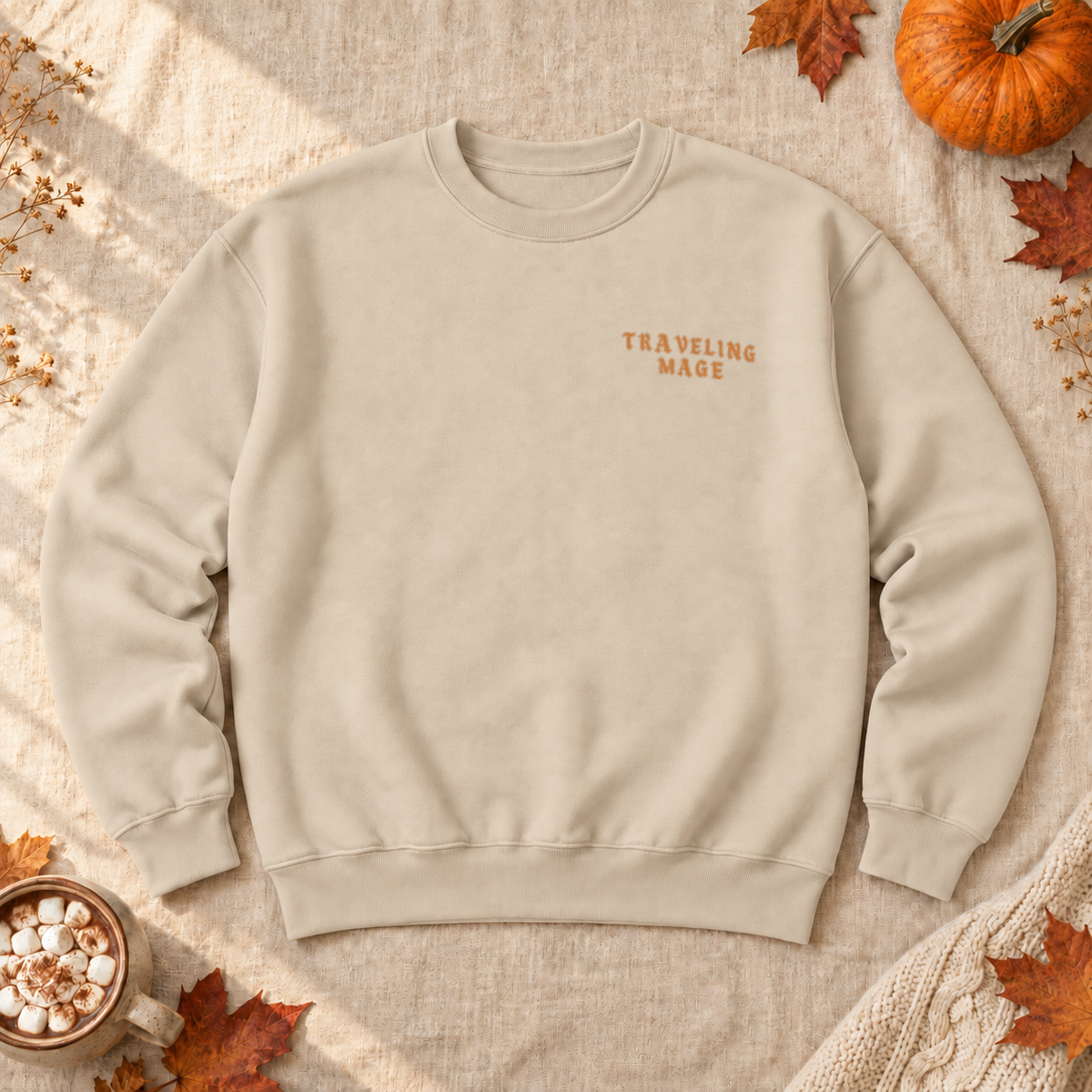 Customizable Traveling Mage Village Sweatshirt, alternate view, cat mage traveling toward a floating village